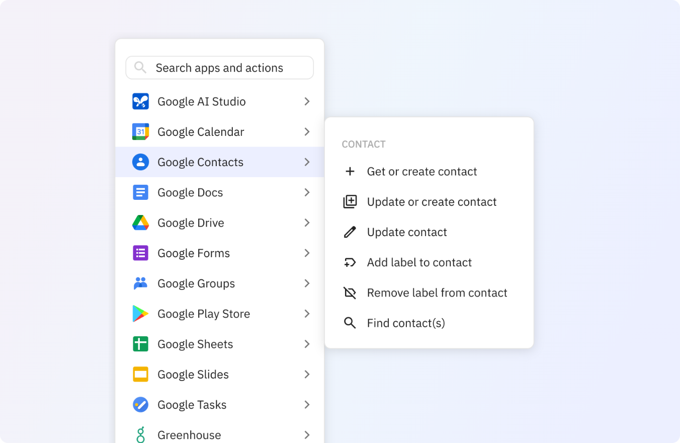 Preview of Use any of these Google Contacts actions in your Relay.app workflows.