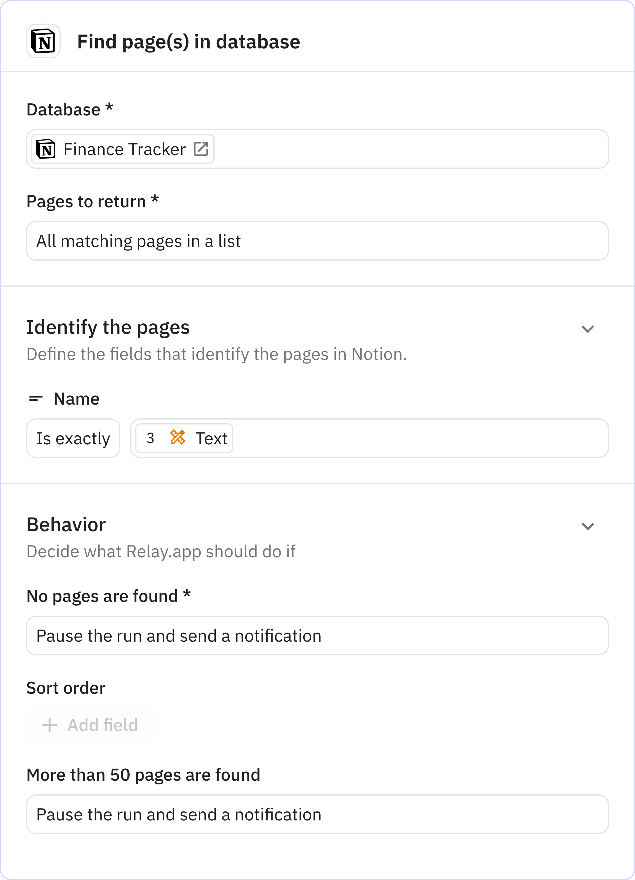 Relay.app screenshot of: Find page(s) in database