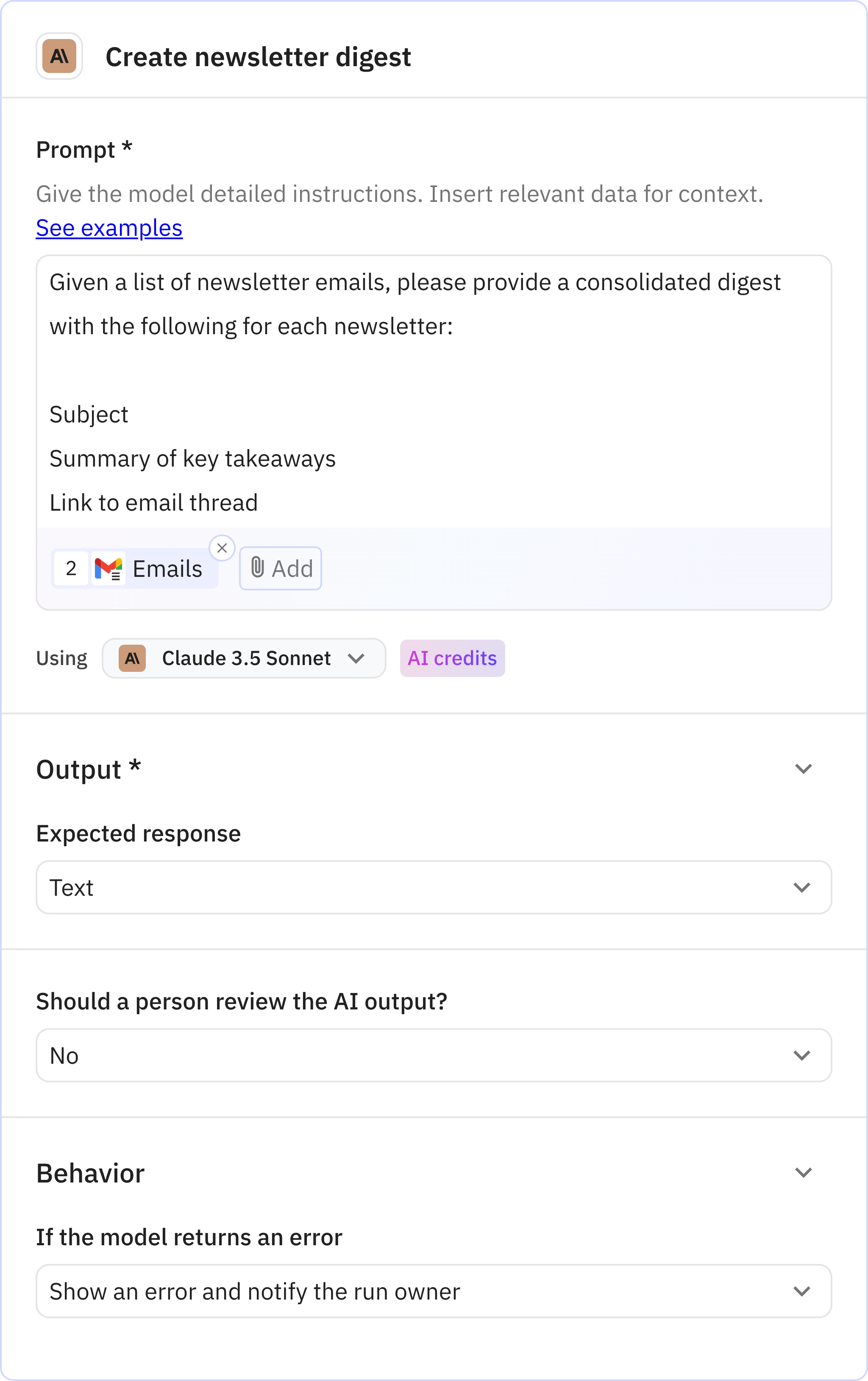Relay.app screenshot of: Step 4: Create newsletter digest