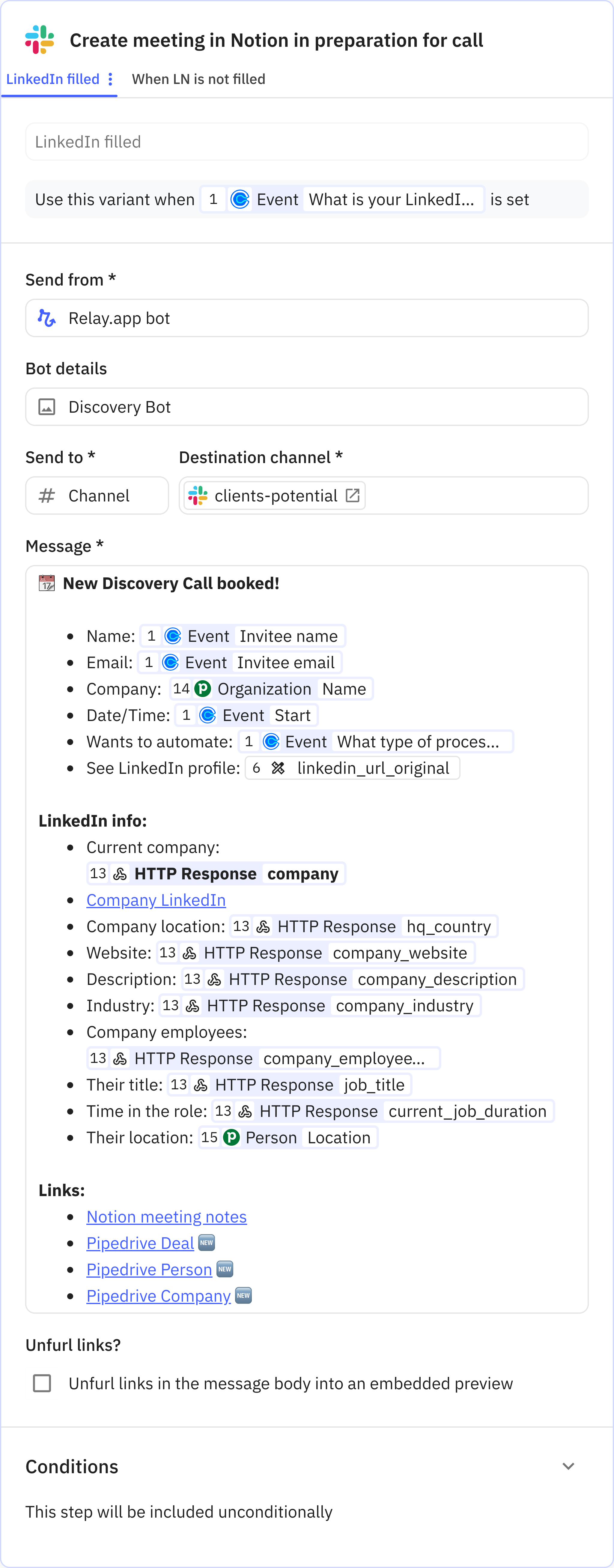 Relay.app screenshot of: Send message