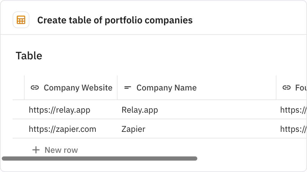 Relay.app screenshot of: Create table of portfolio companies