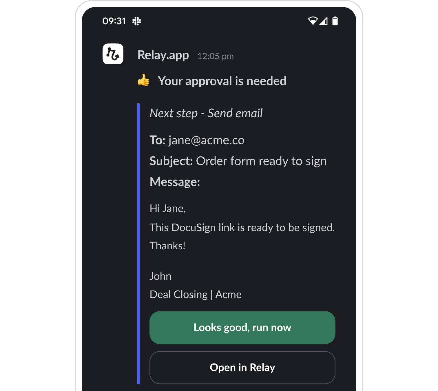 Slack message in a Relay.app workflow