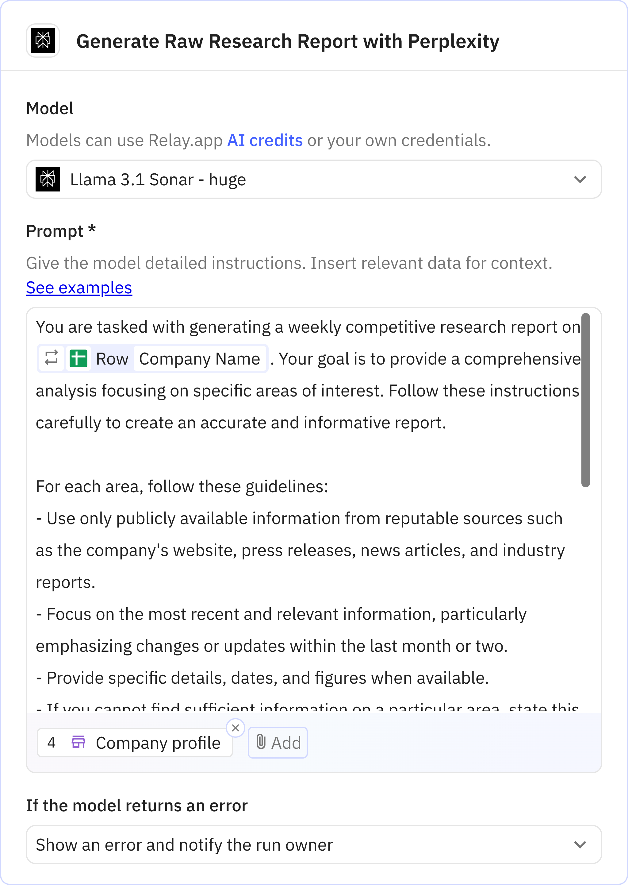 Relay.app screenshot of: Step 5: Generate Raw Research Report with Perplexity