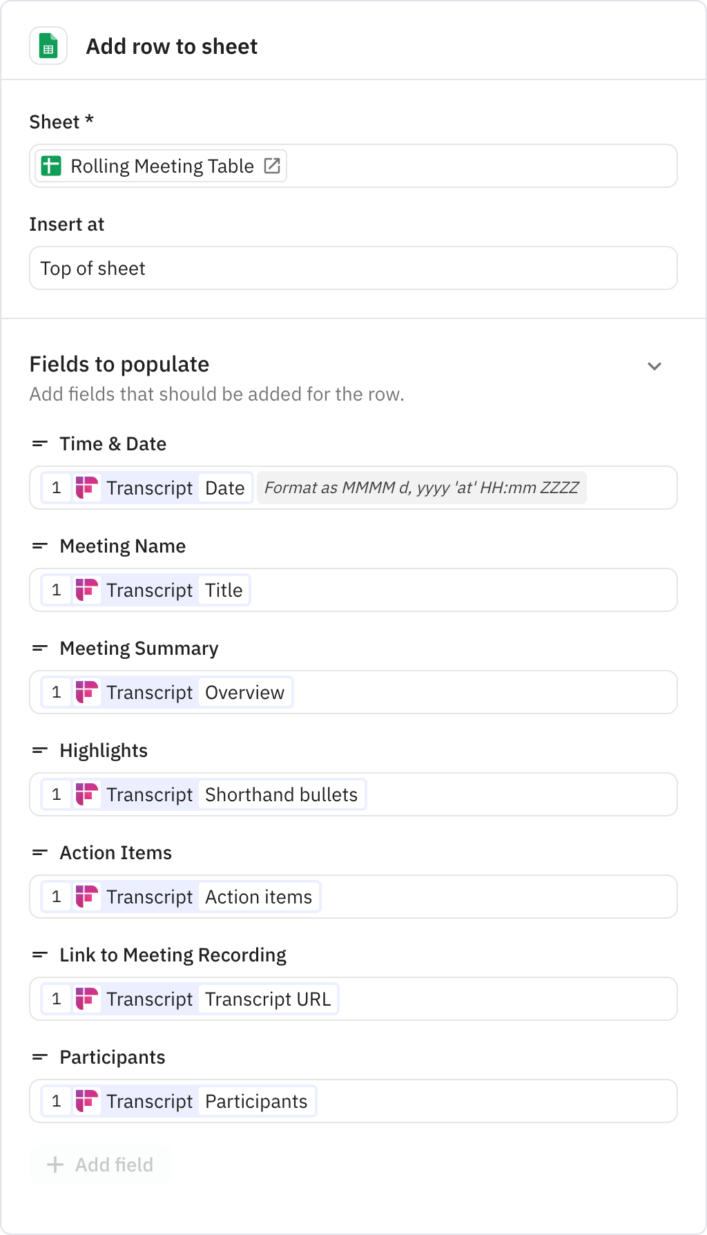 Relay.app screenshot of: Add row to sheet