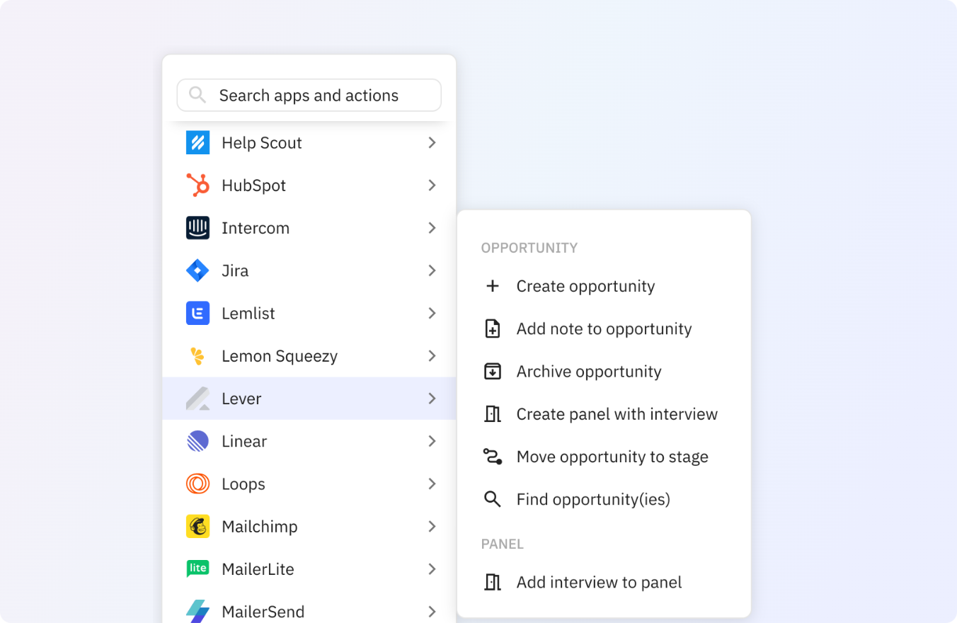 Preview of Use any of these Lever actions in your Relay.app workflows