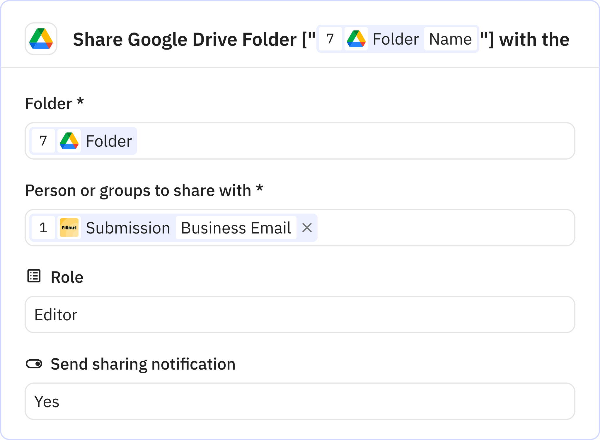 Relay.app screenshot of: Share Google Drive Folder [""] with the Client [""]