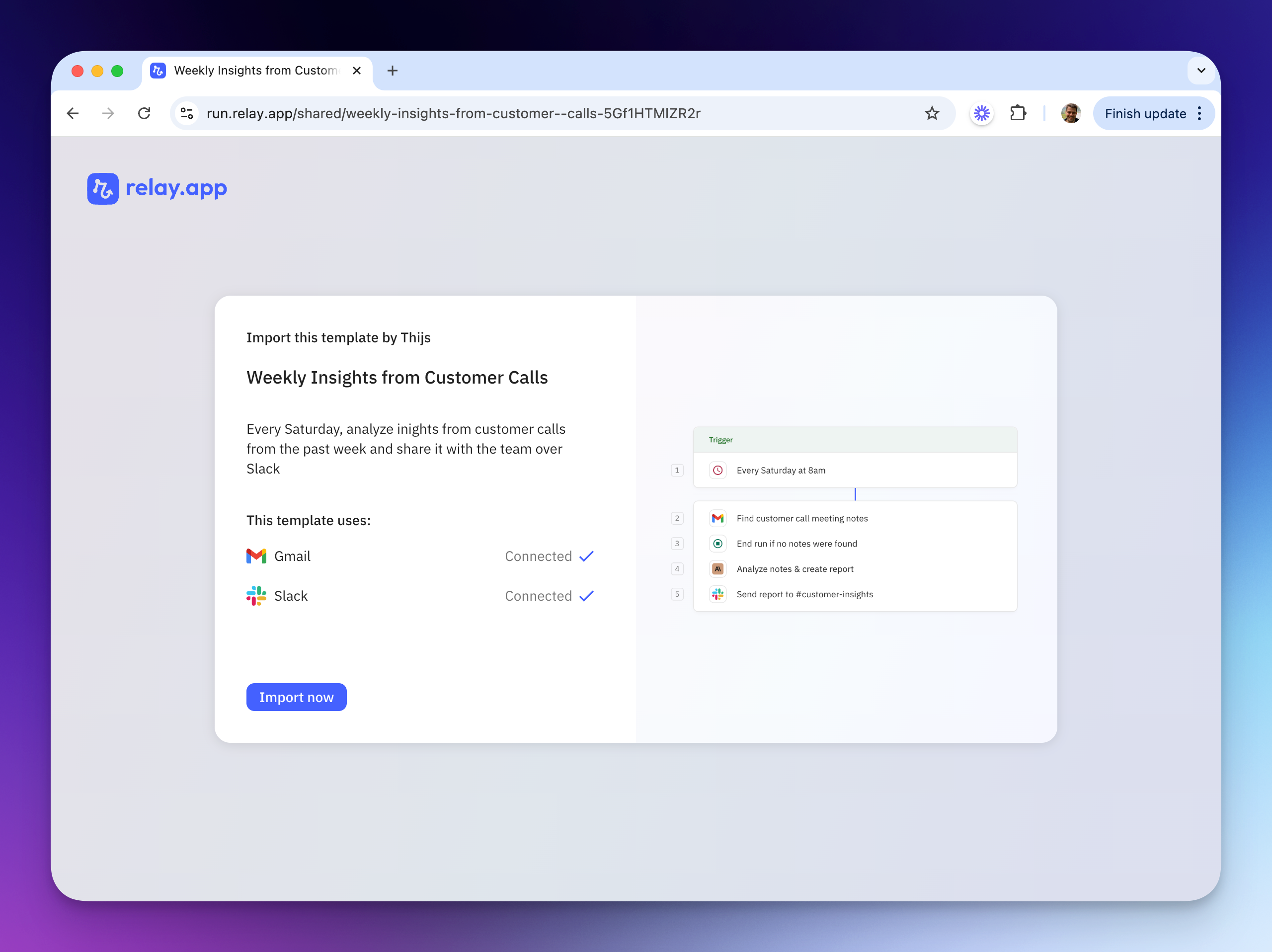 The import experience for a Relay.app template
