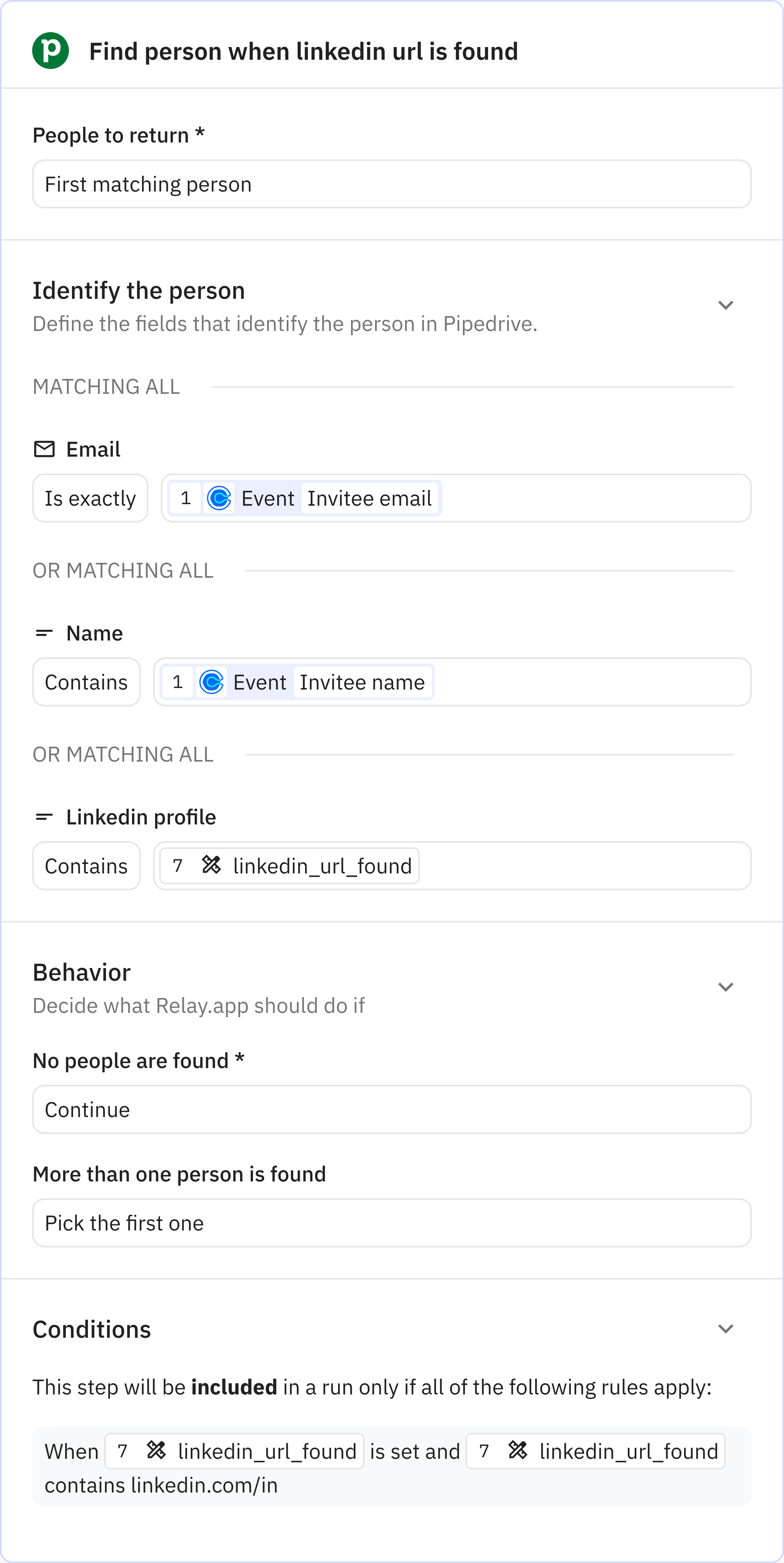 Relay.app screenshot of: Find person when linkedin url is found