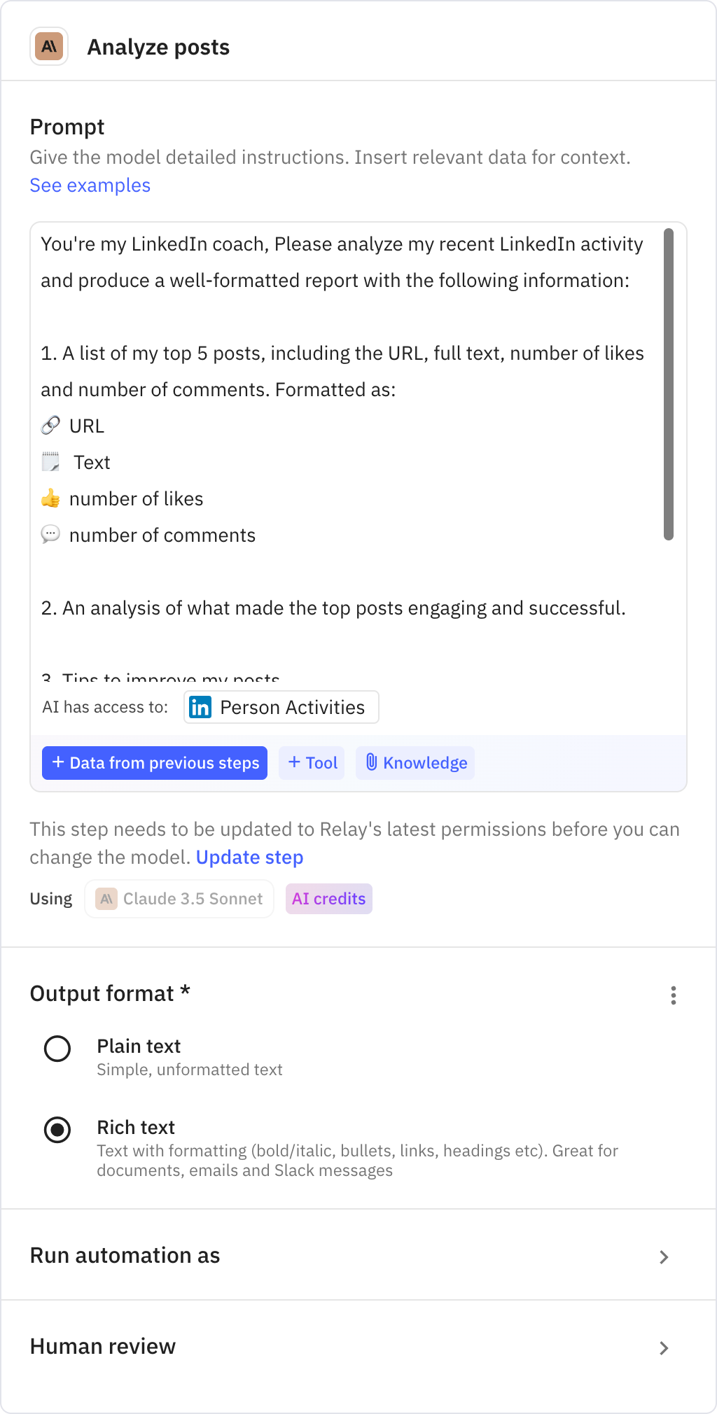 Relay.app screenshot of: Analyze posts