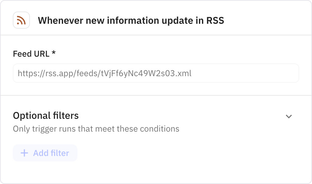 Relay.app screenshot of: Whenever new information update in RSS