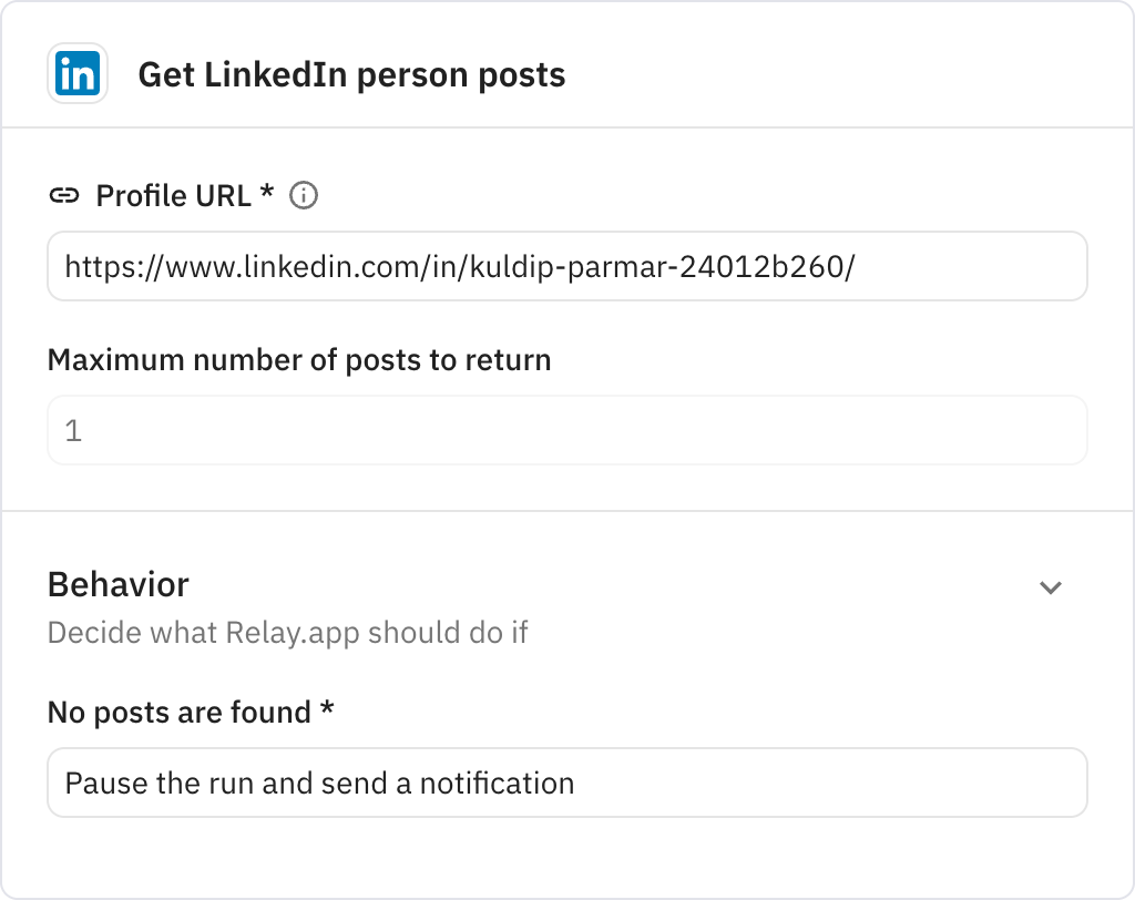 Relay.app screenshot of: Get LinkedIn person posts
