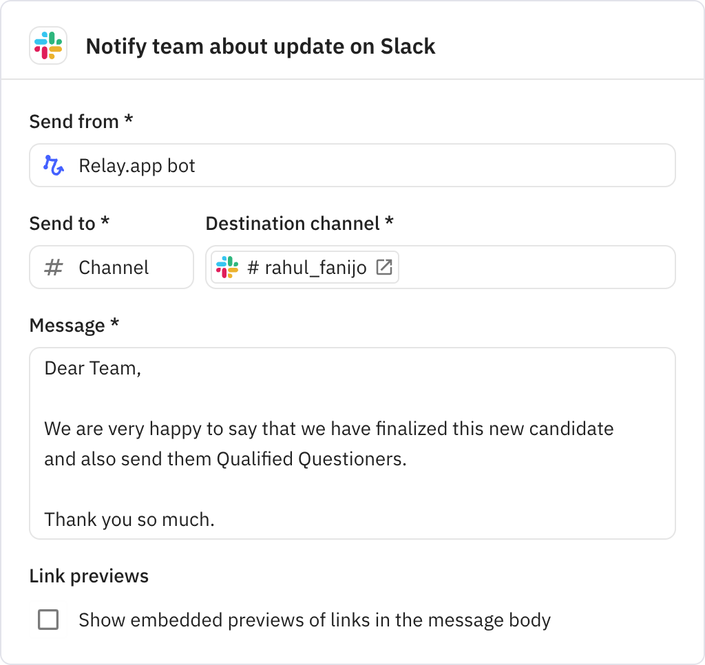 Relay.app screenshot of: Notify team about update on Slack