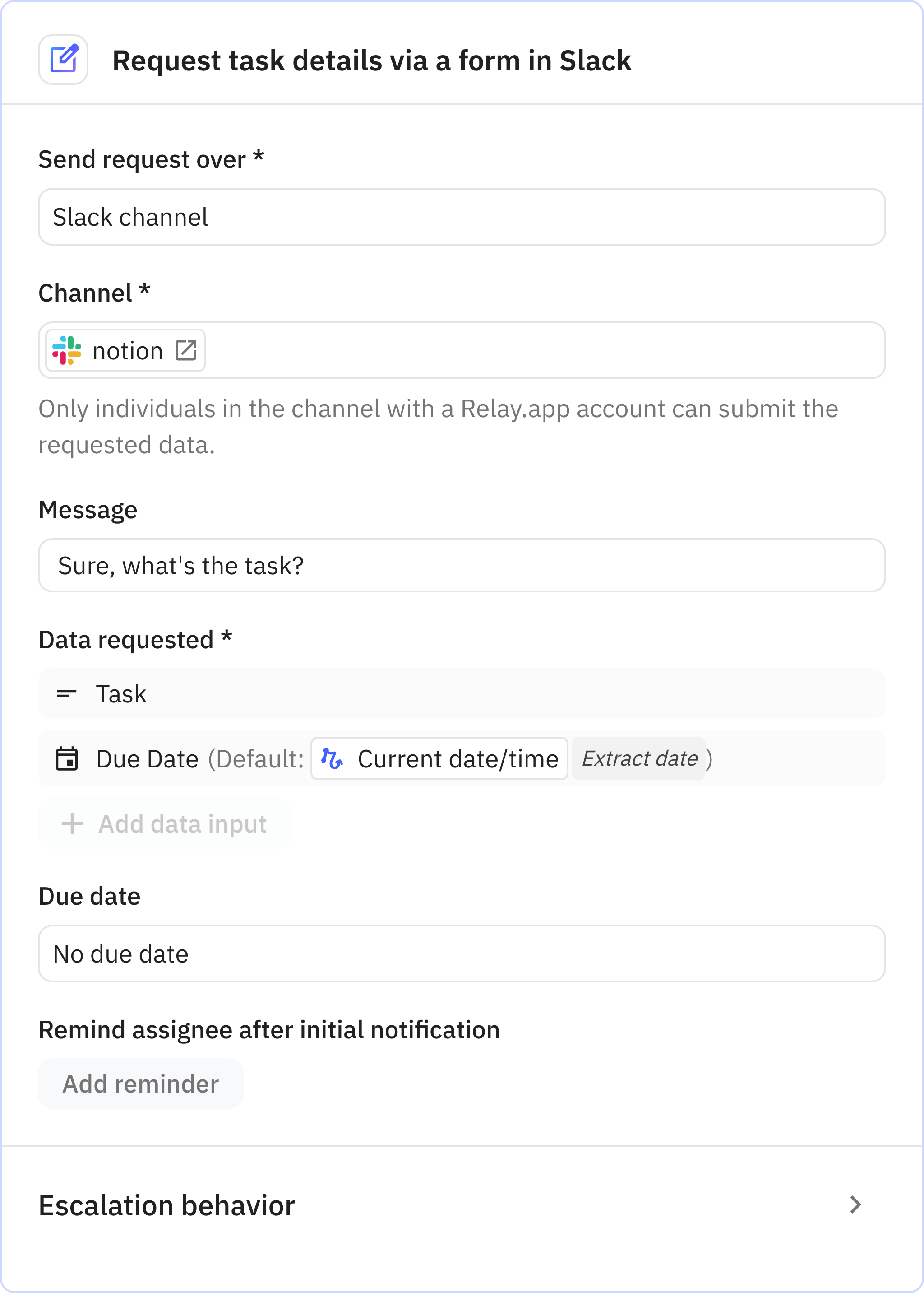 Relay.app screenshot of: Request task details via a form in Slack