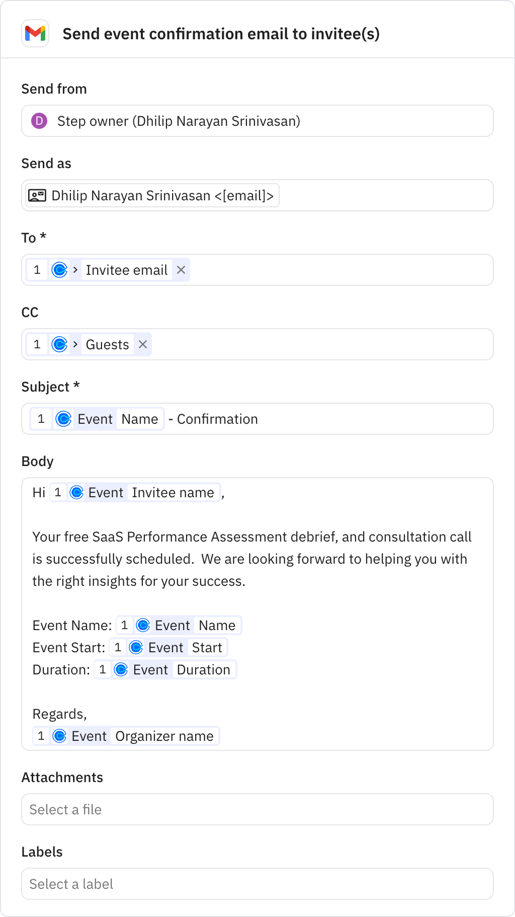 Relay.app screenshot of: Send event confirmation email to invitee(s)