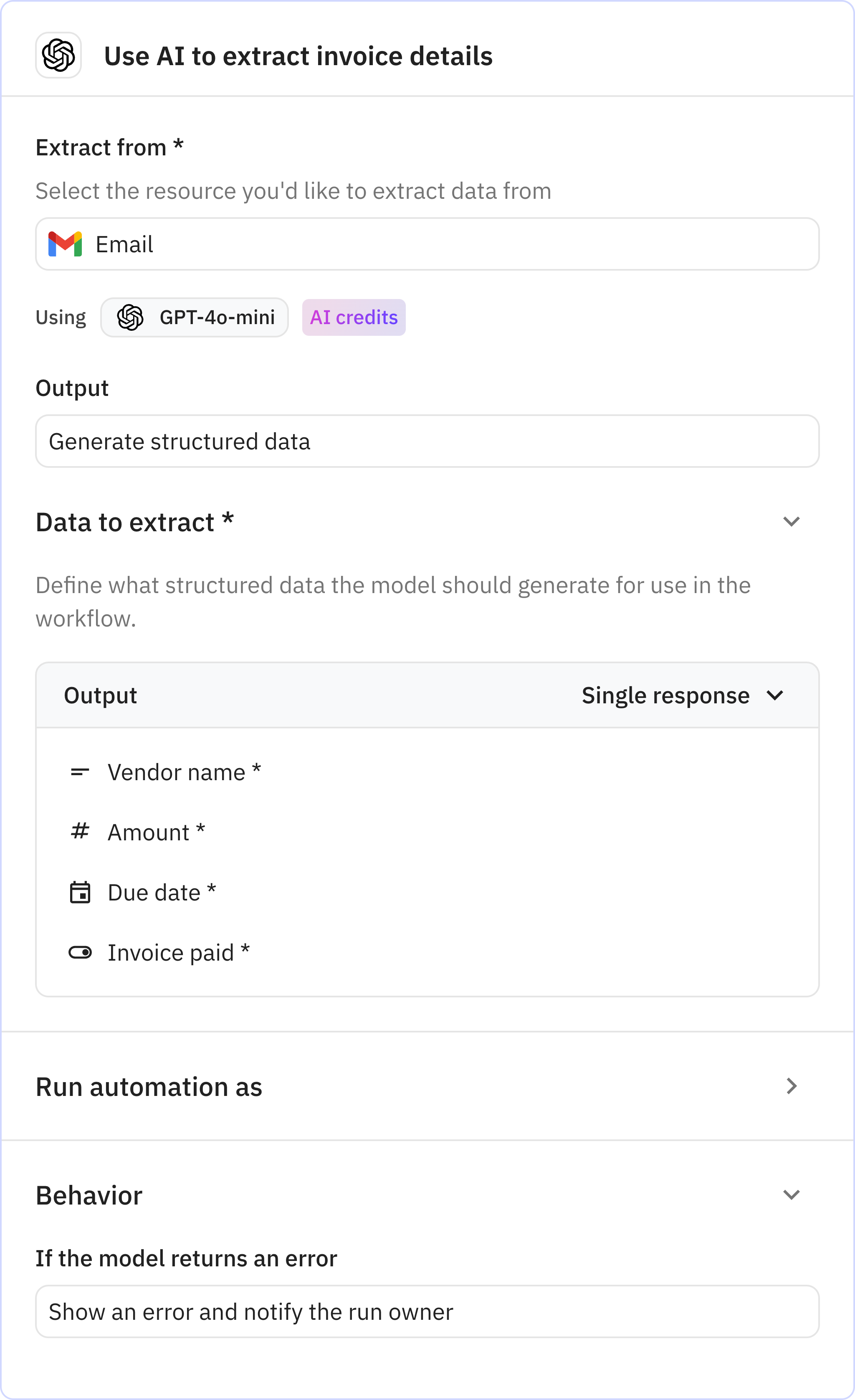 Relay.app screenshot of: Use AI to extract invoice details