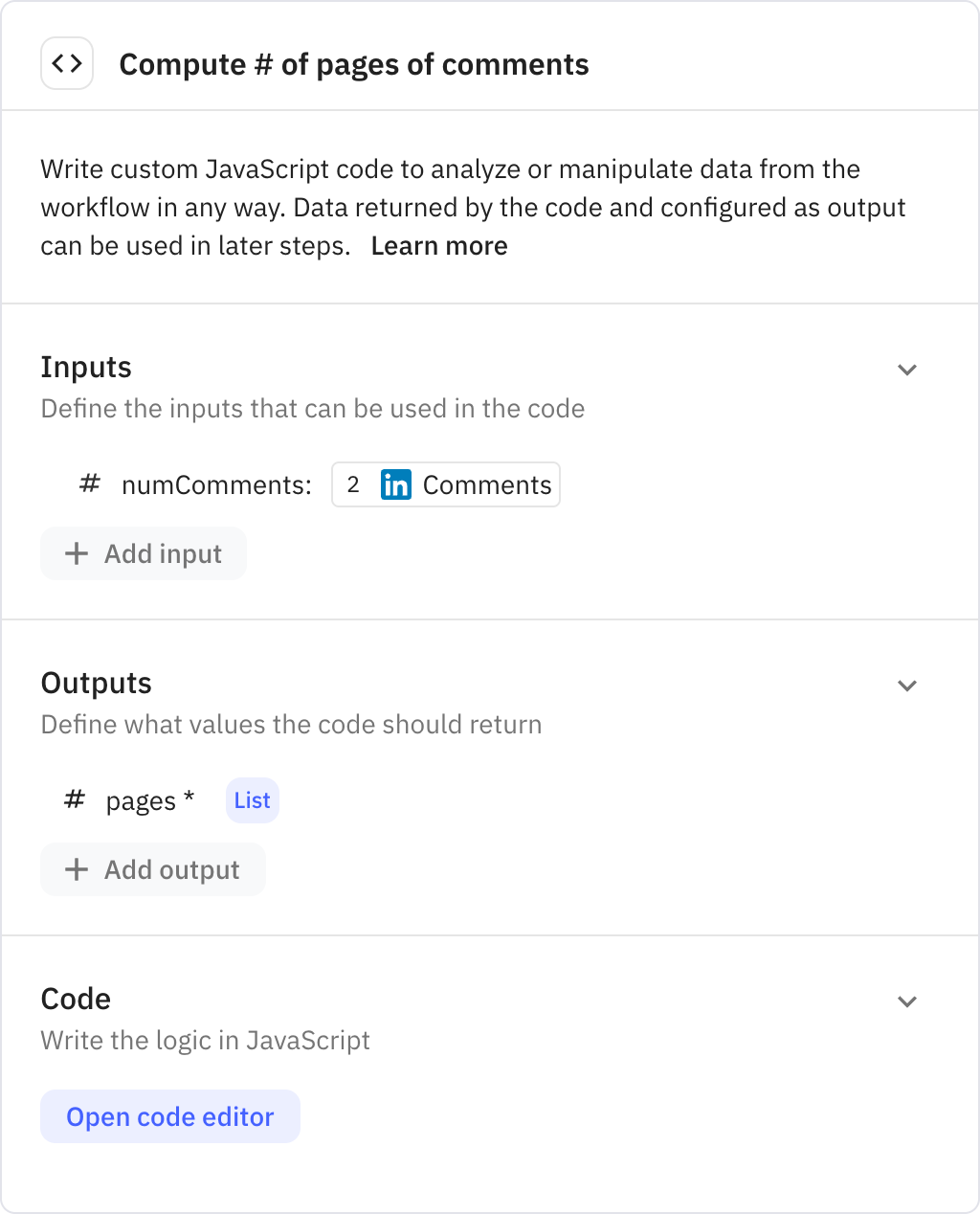 Relay.app screenshot of: Compute # of pages of comments