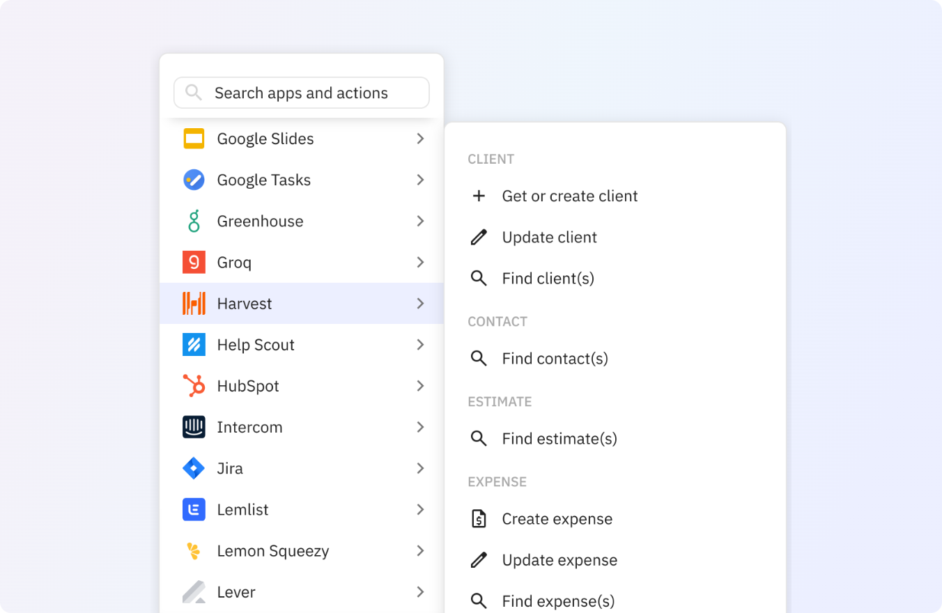 Preview of Use any of these Harvest actions in your Relay.app workflows
