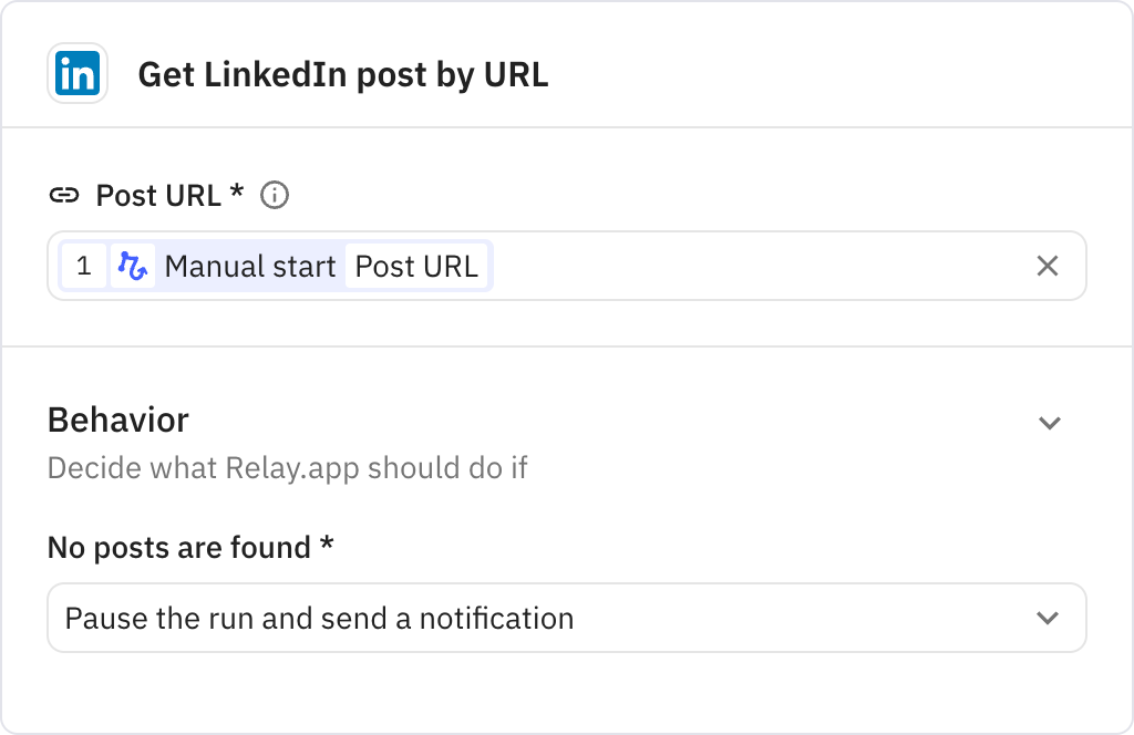 Relay.app screenshot of: Get LinkedIn post by URL
