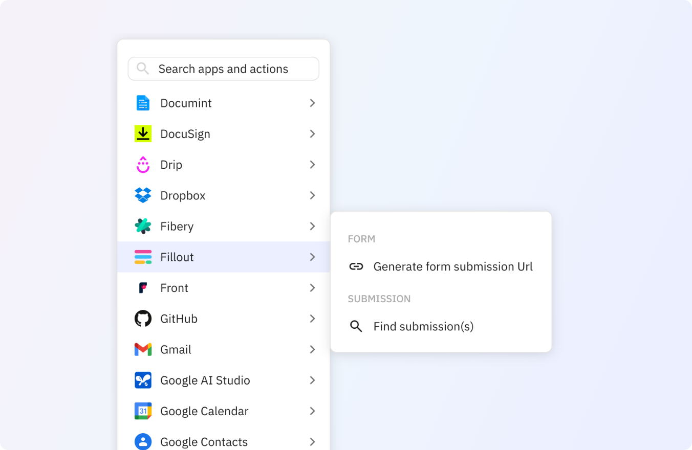 Preview of Use any of these Fillout actions in your Relay.app workflows.