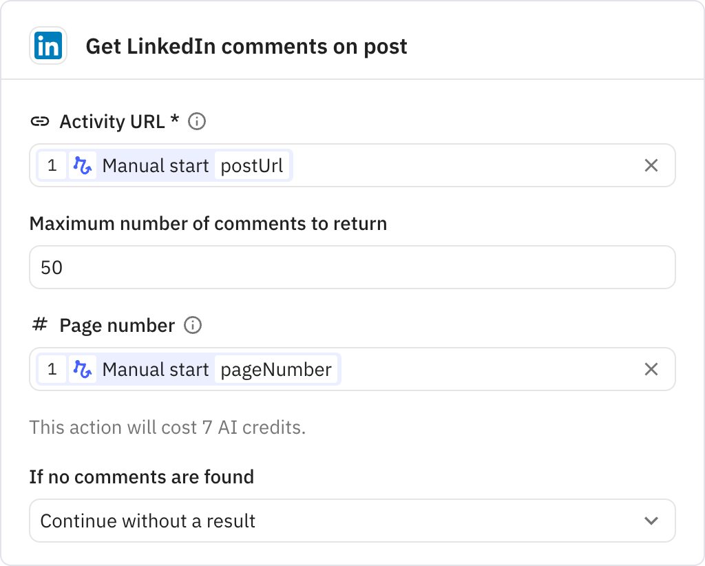 Relay.app screenshot of: Get LinkedIn comments on post