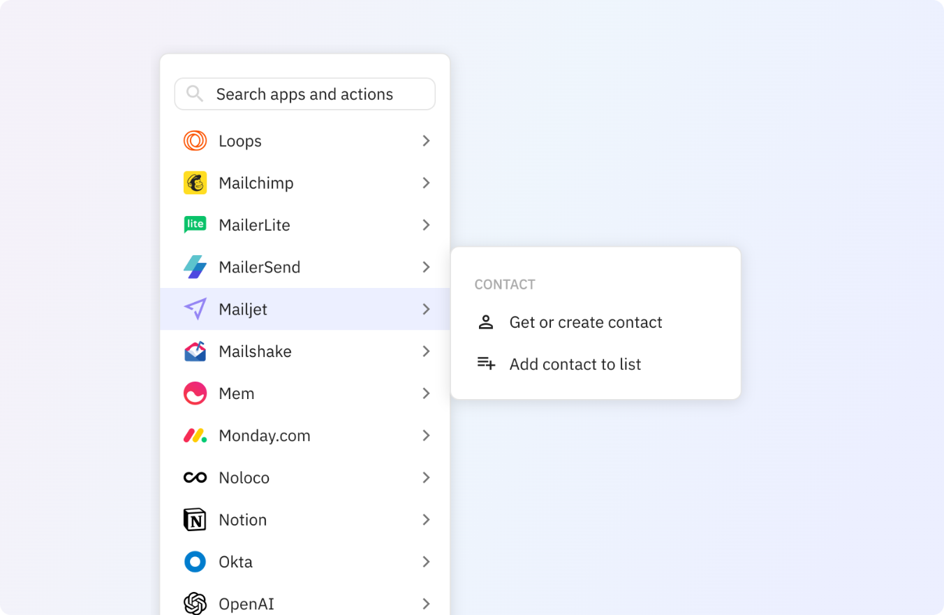 Preview of Use any of these Mailjet actions in your Relay.app workflows.