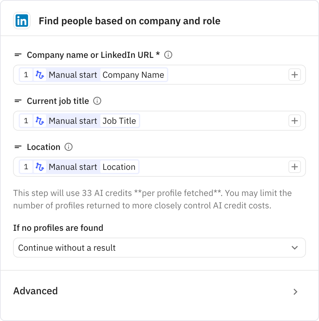 Relay.app screenshot of: Find people based on company and role
