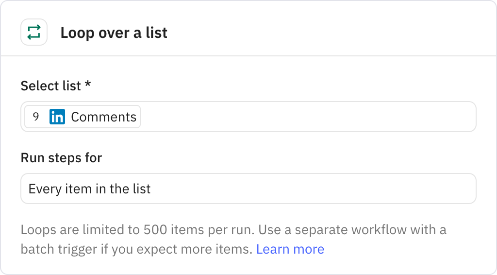 Relay.app screenshot of: Loop over a list