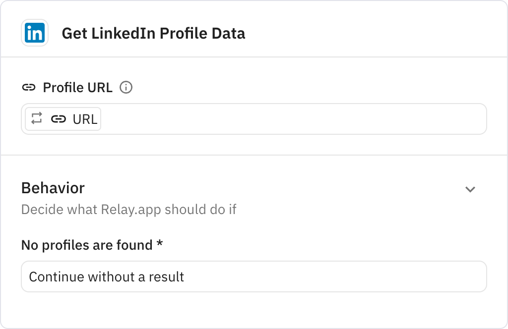 Relay.app screenshot of: Get LinkedIn Profile Data