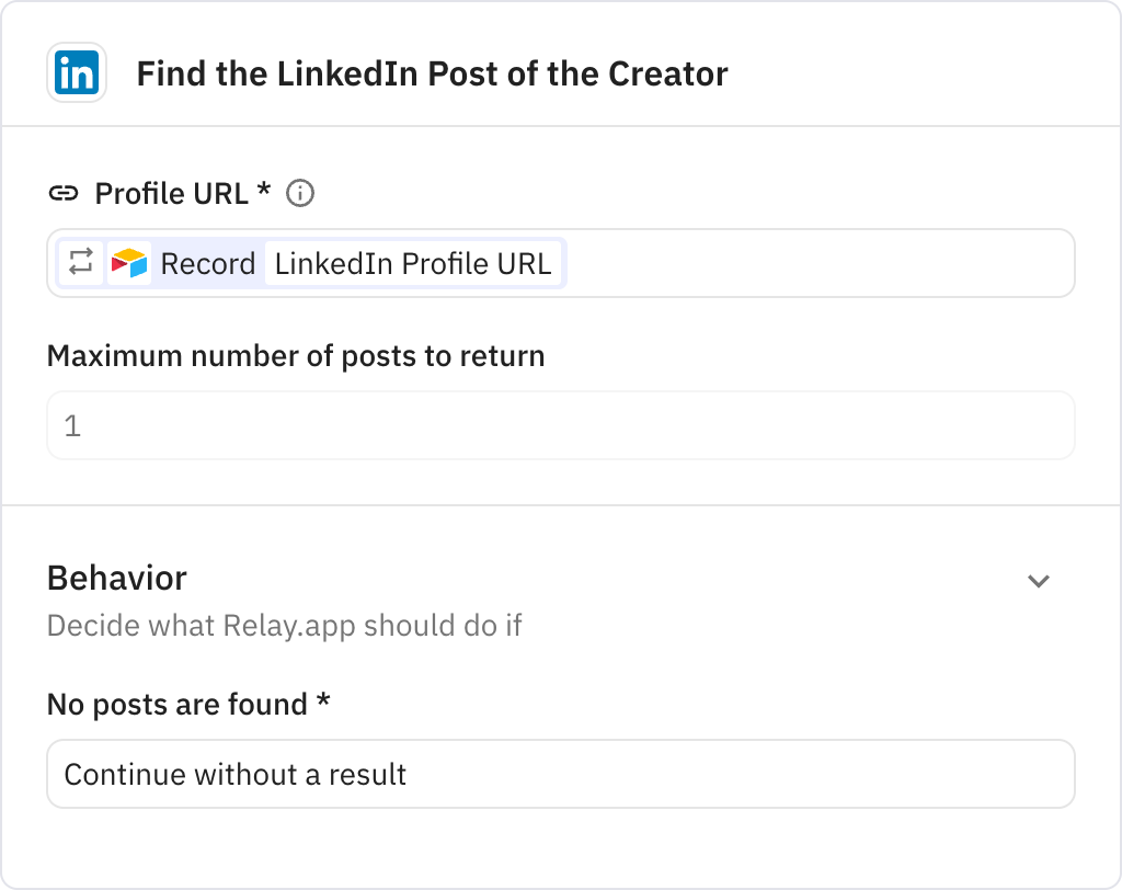 Relay.app screenshot of: Find the LinkedIn Post of the Creator