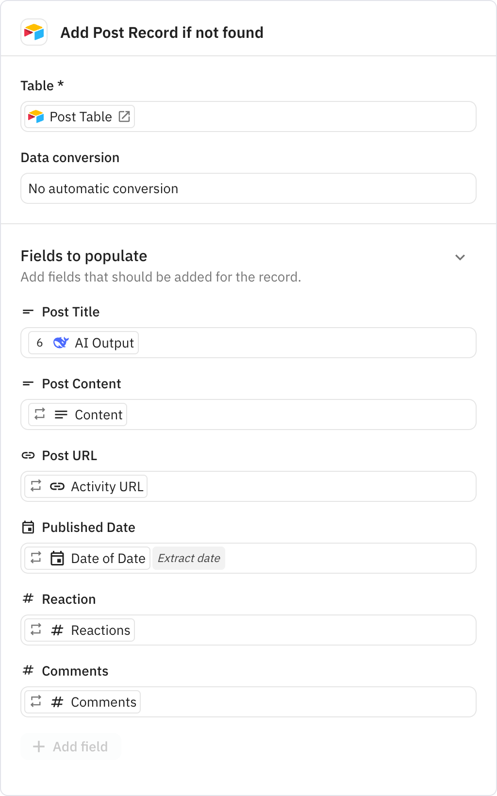 Relay.app screenshot of: Add Post Record if not found