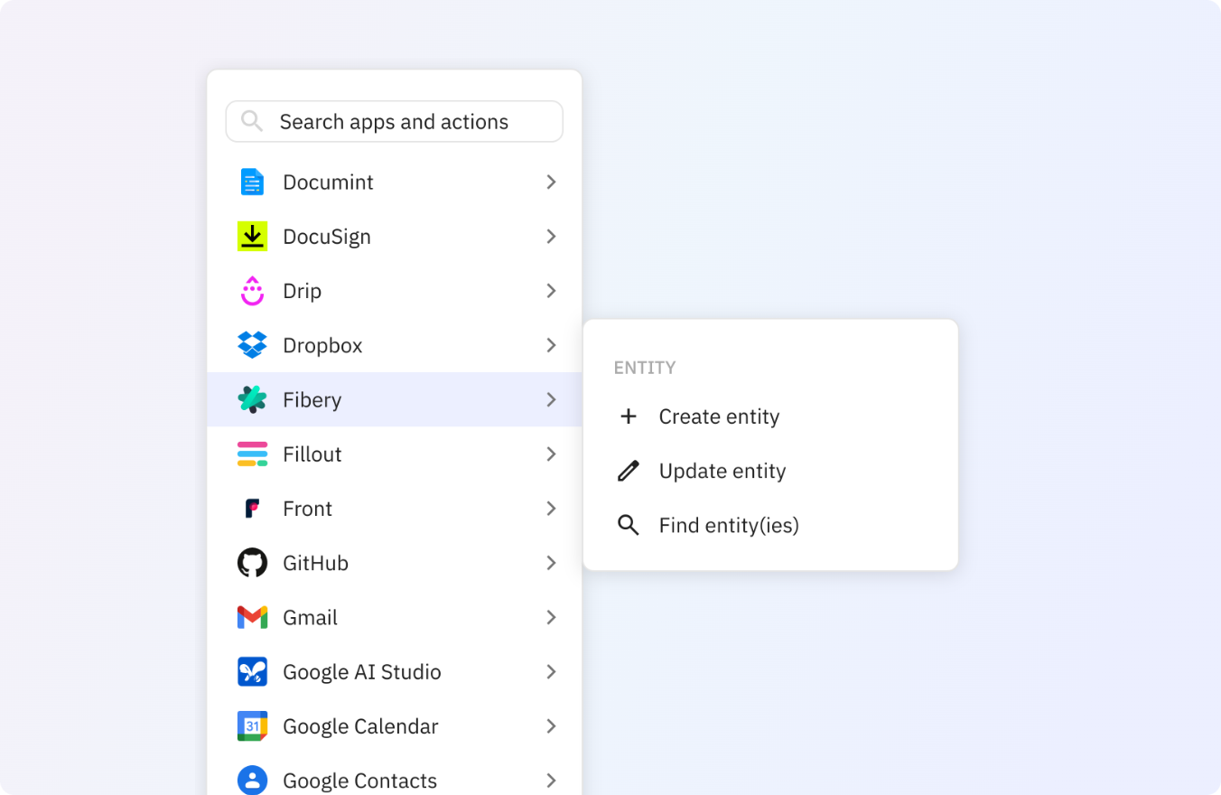Preview of Use any of these Fibery actions in your Relay.app workflows.