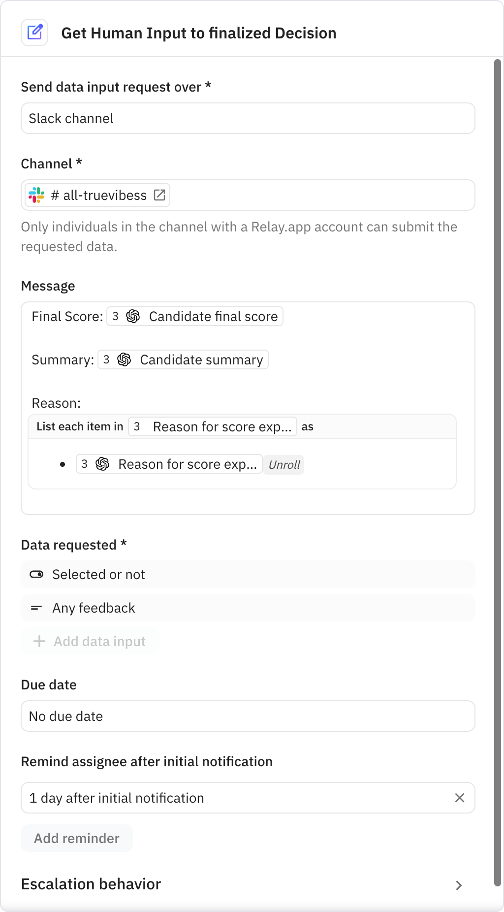 Relay.app screenshot of: Get Human Input to finalized Decision