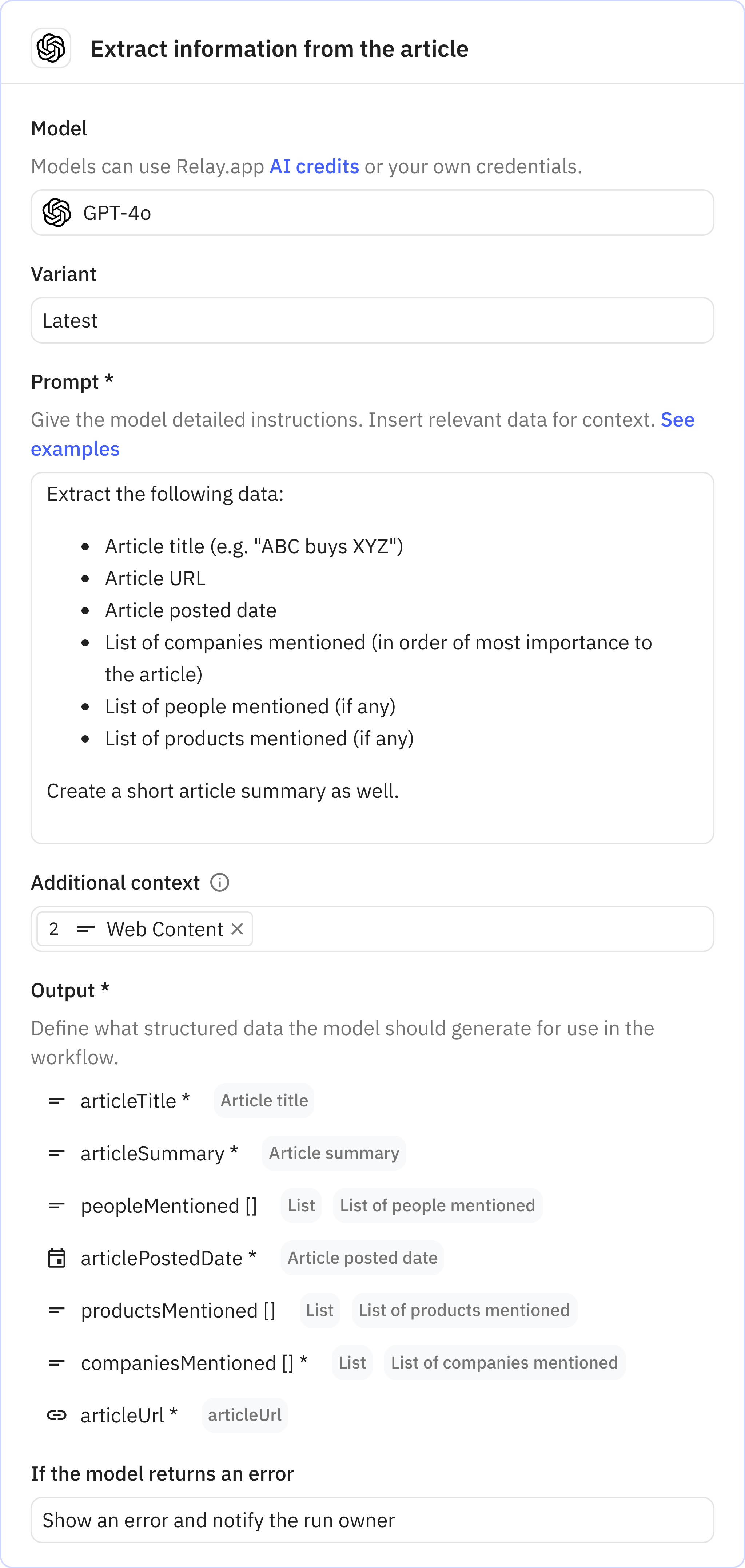 Relay.app screenshot of: Extract information from the article