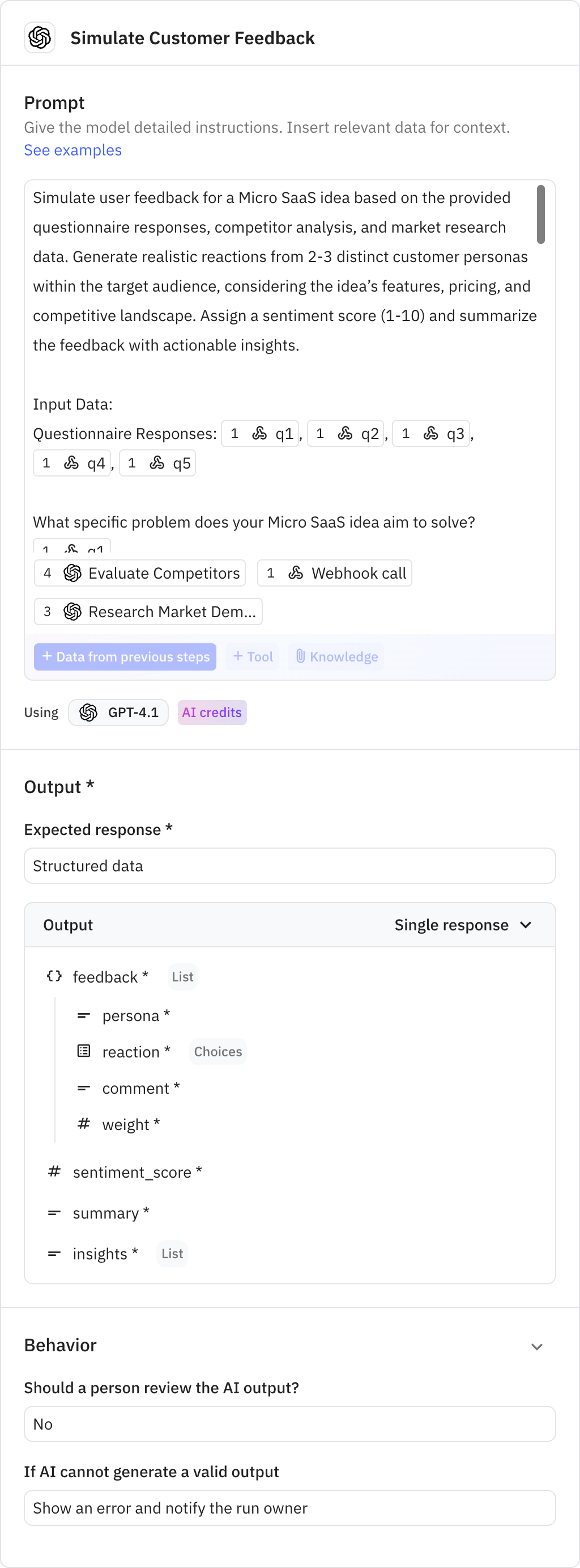 Relay.app screenshot of: Simulate Customer Feedback