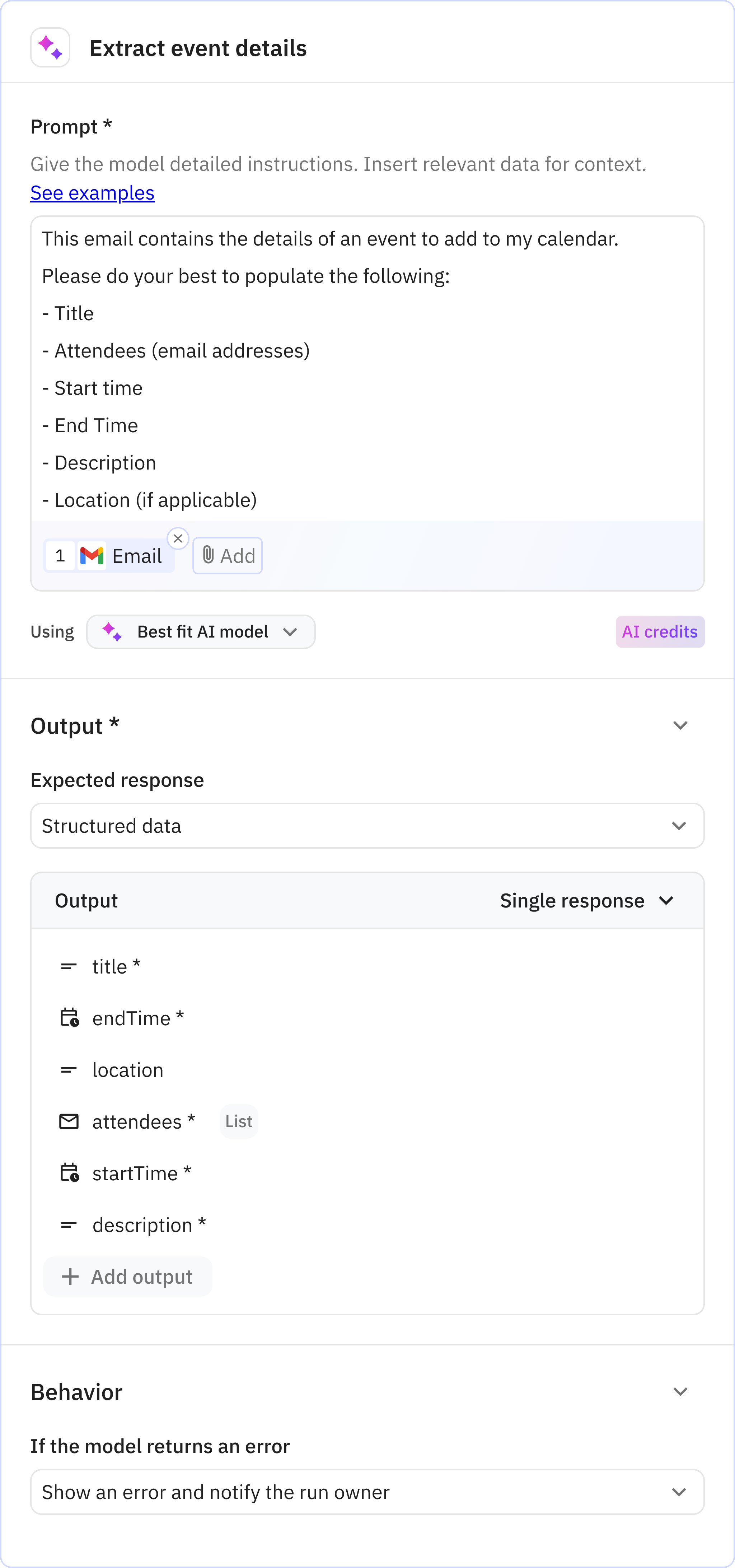 Relay.app screenshot of: Step 2: Extract event details