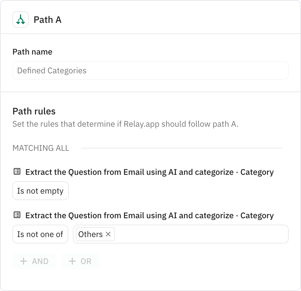 Relay.app screenshot of: Defined Categories