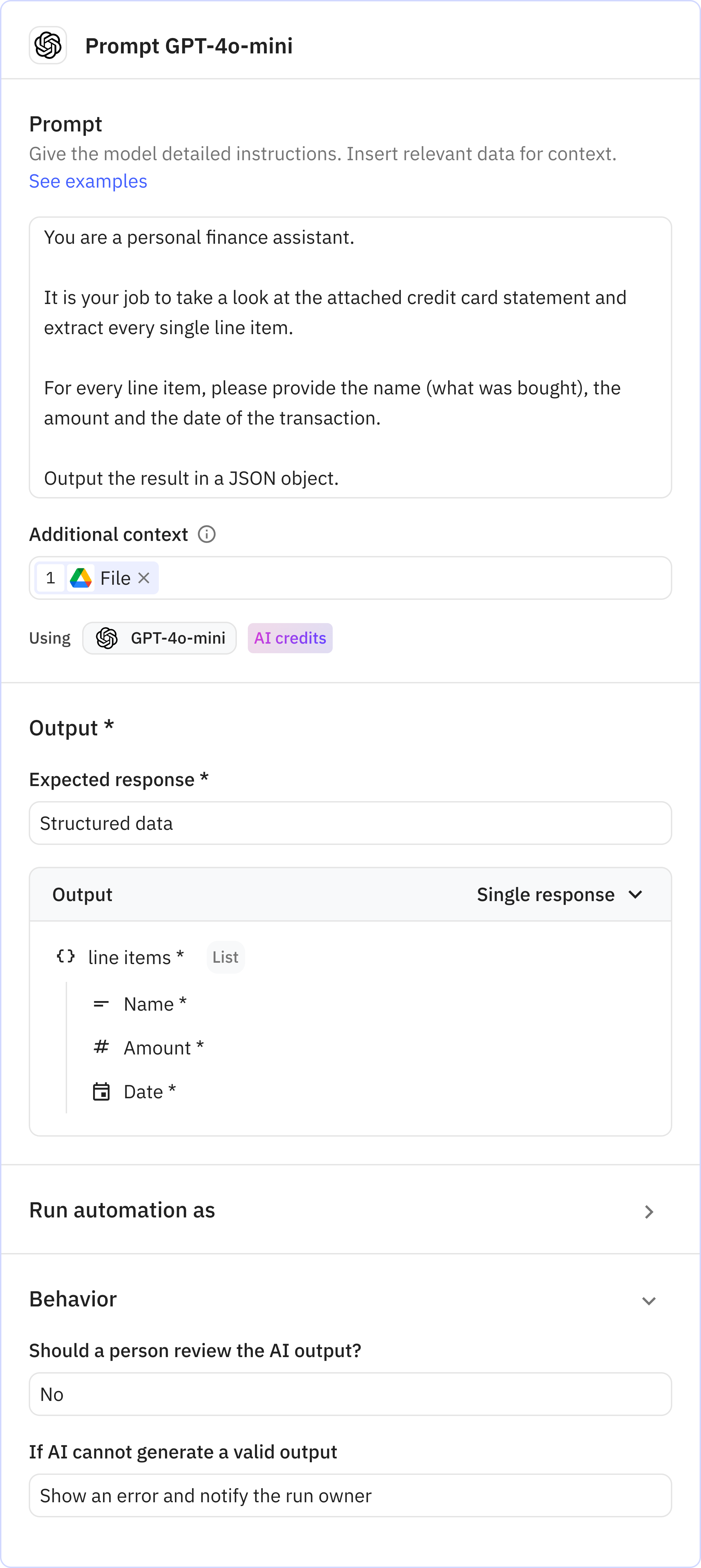 Relay.app screenshot of: Prompt GPT-4o-mini