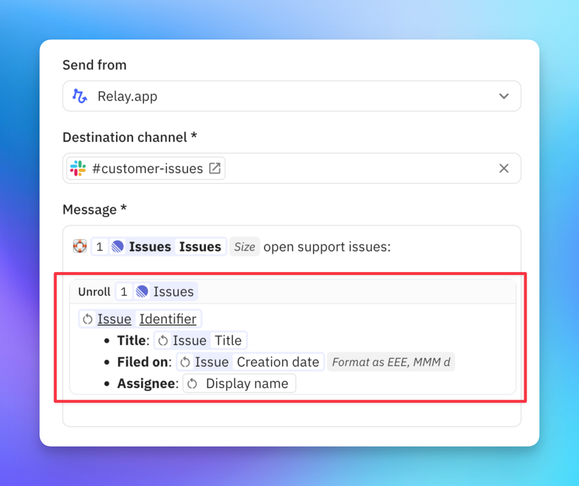 Unroll lists of variables into text templates or bulleted lists