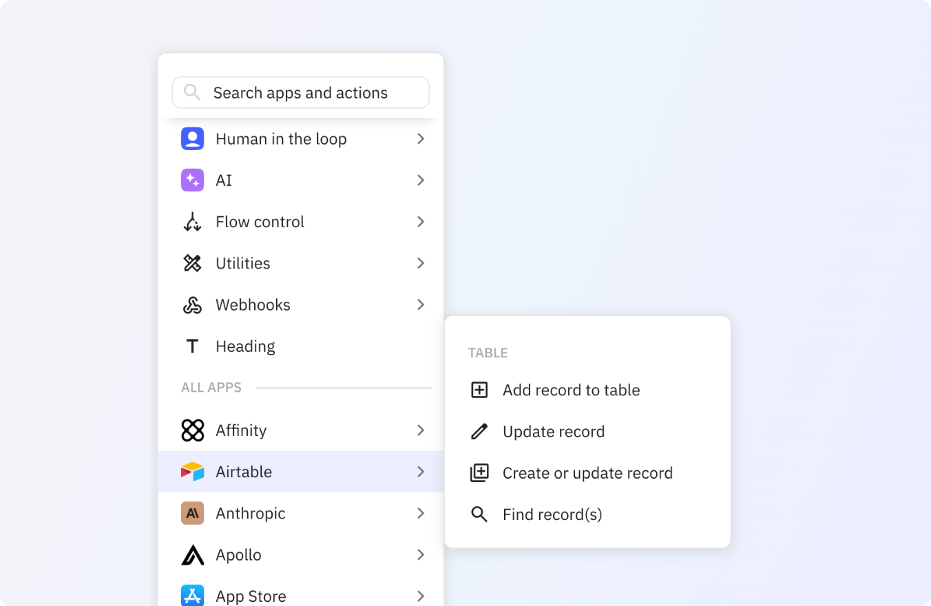 Preview of Use any of these Airtable actions in your Relay.app workflows