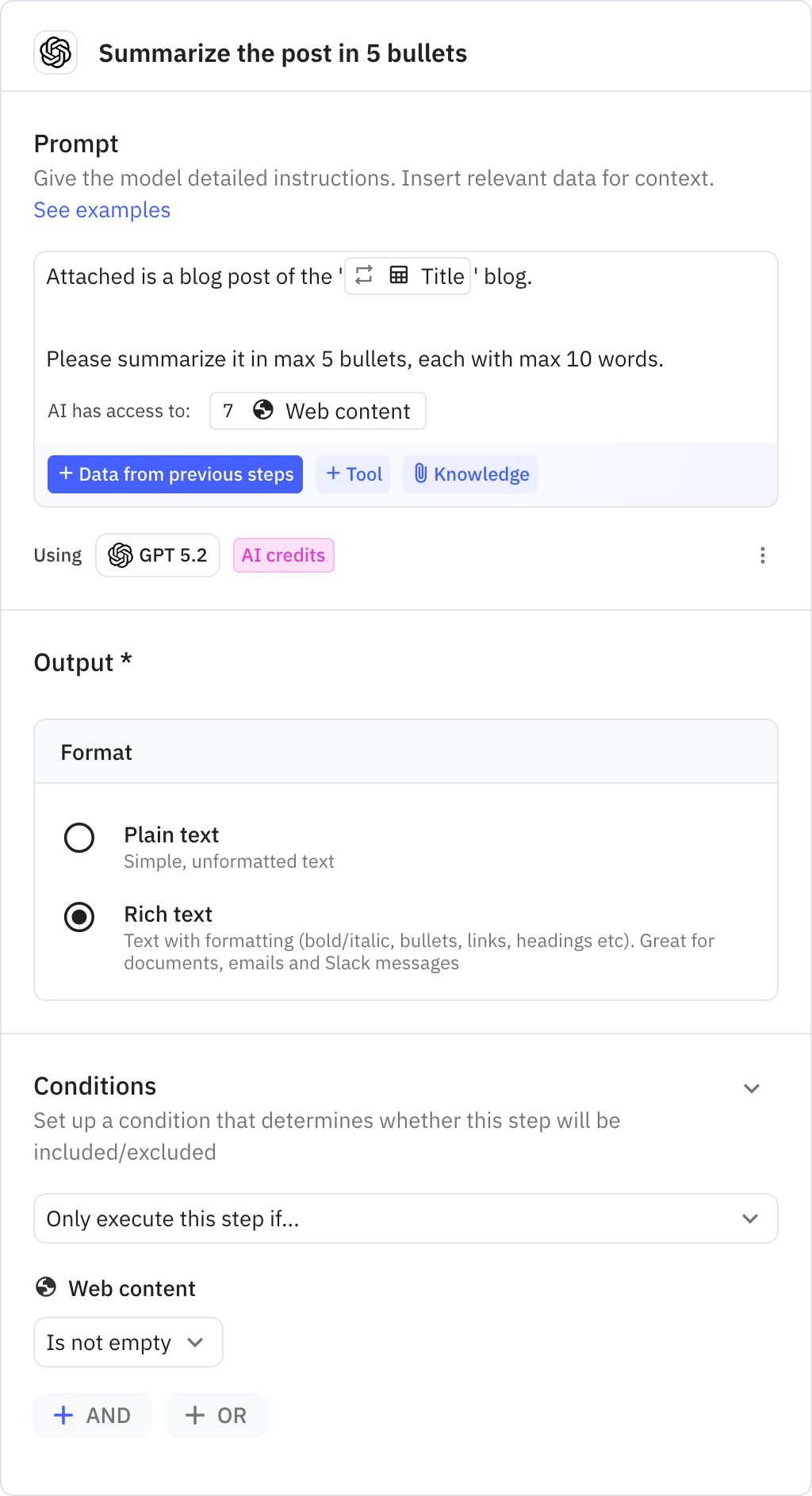 Relay.app screenshot of: Summarize the post in 5 bullets