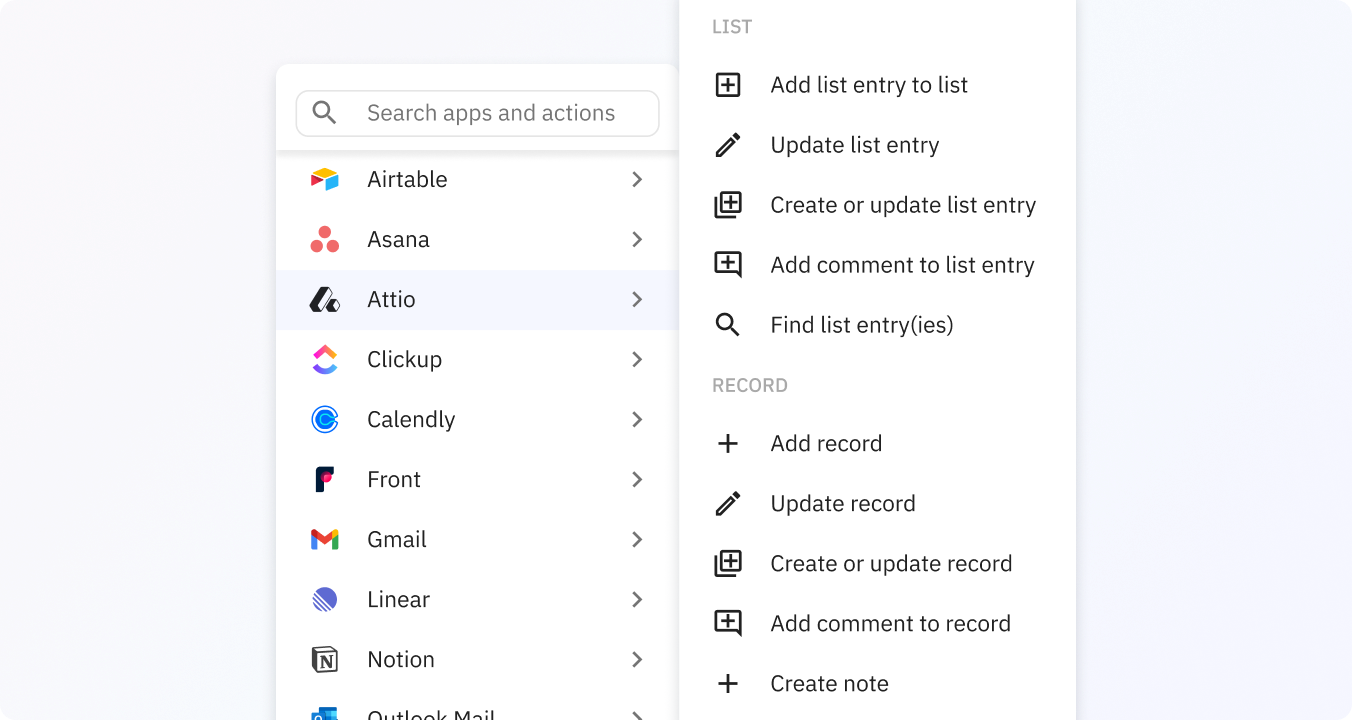 Preview of Attio has many deep integrations with Relay.app.