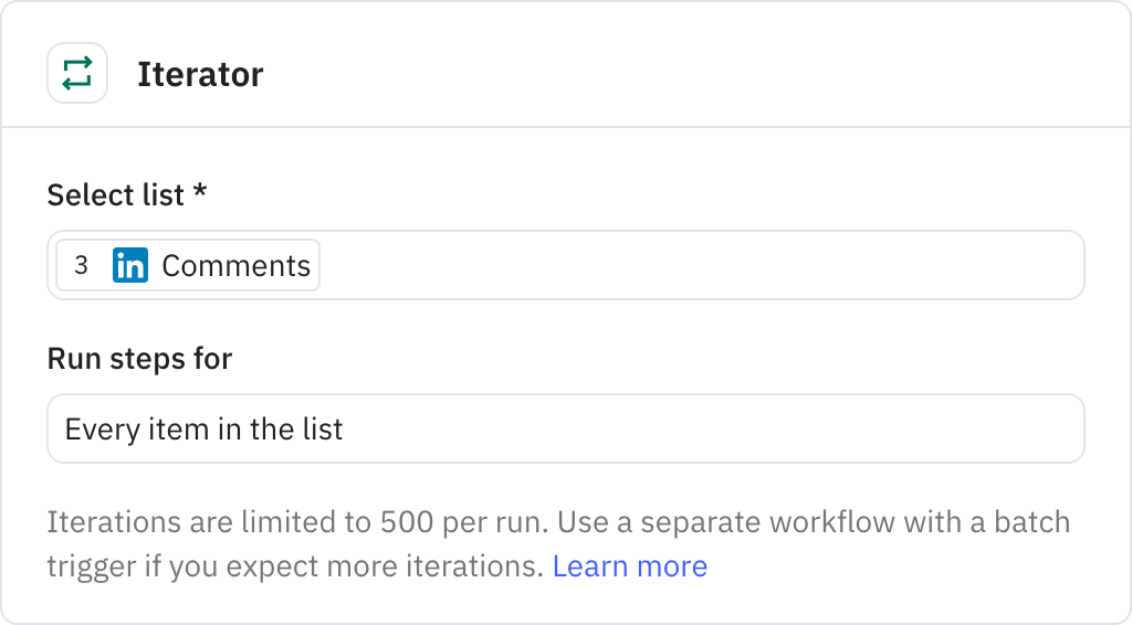 Relay.app screenshot of: Iterator