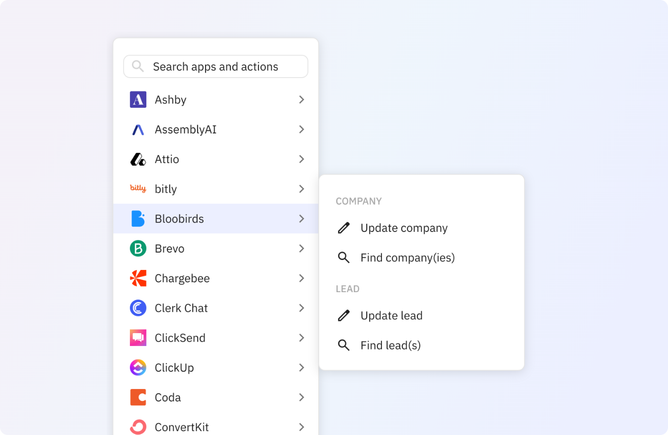 Preview of Use any of these Bloobirds actions in your Relay.app workflows.