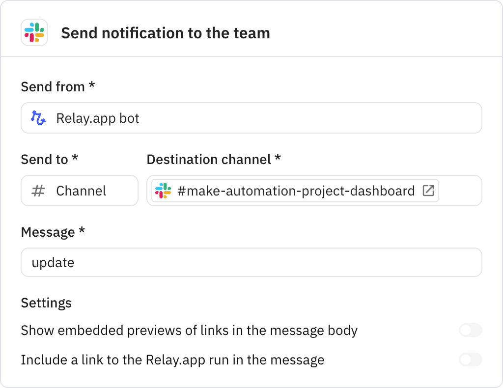 Relay.app screenshot of: Send notification to the team