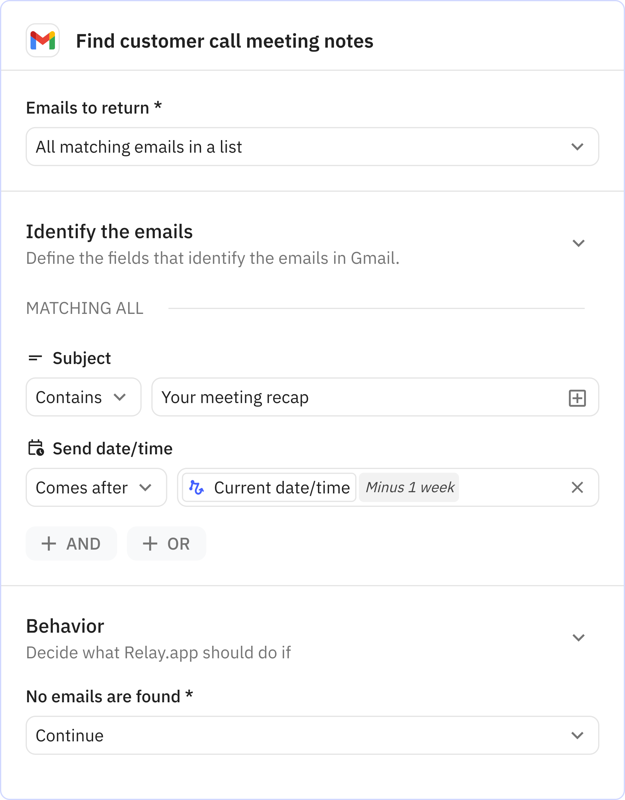 Relay.app screenshot of: Find customer call meeting notes