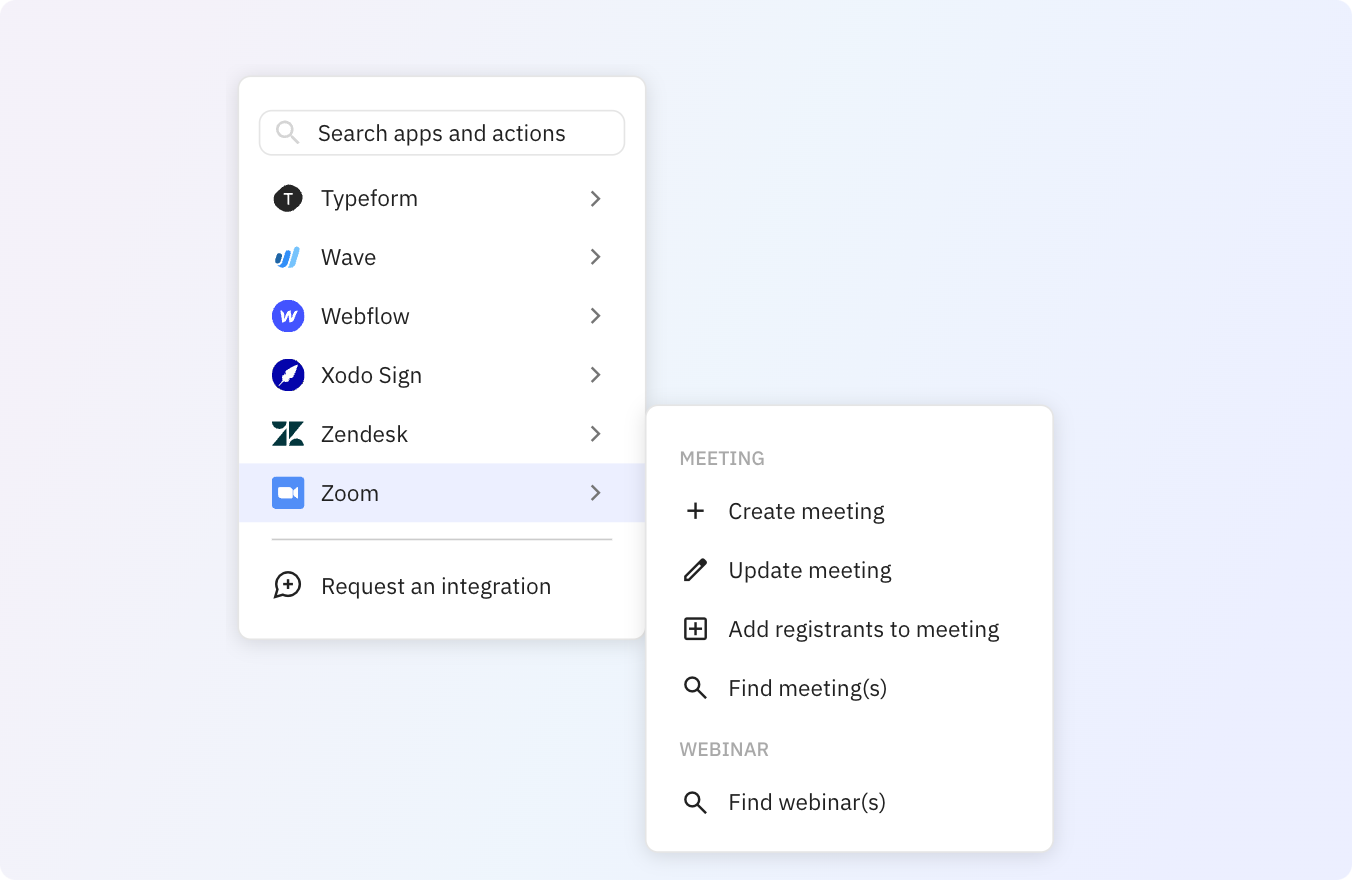 Preview of Use any of these Zoom actions in your Relay.app workflows.