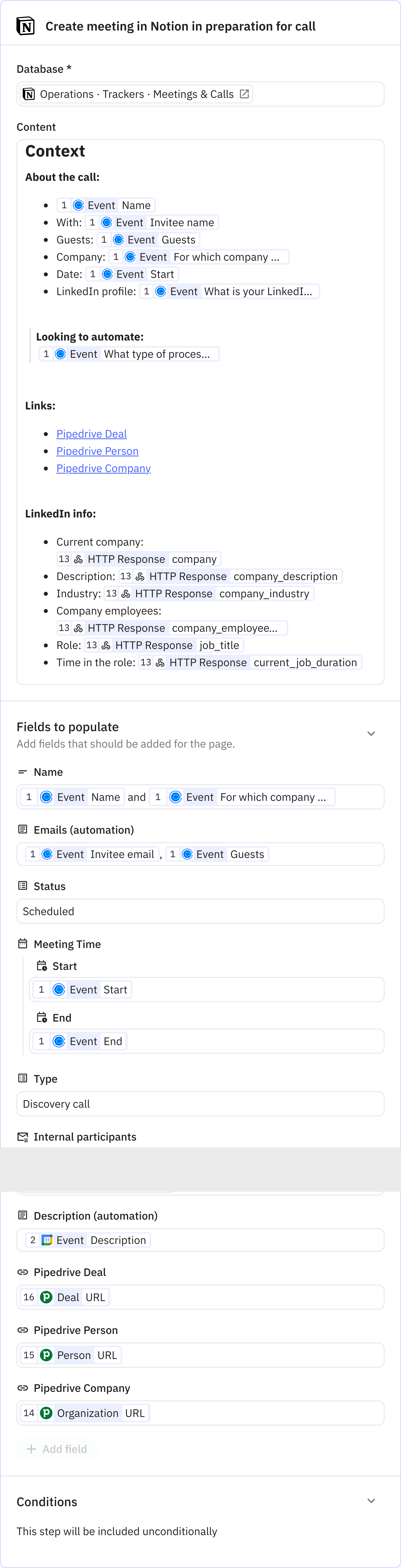 Relay.app screenshot of: Create meeting in Notion in preparation for call