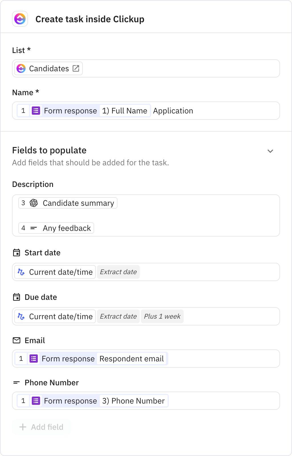Relay.app screenshot of: Create task inside Clickup