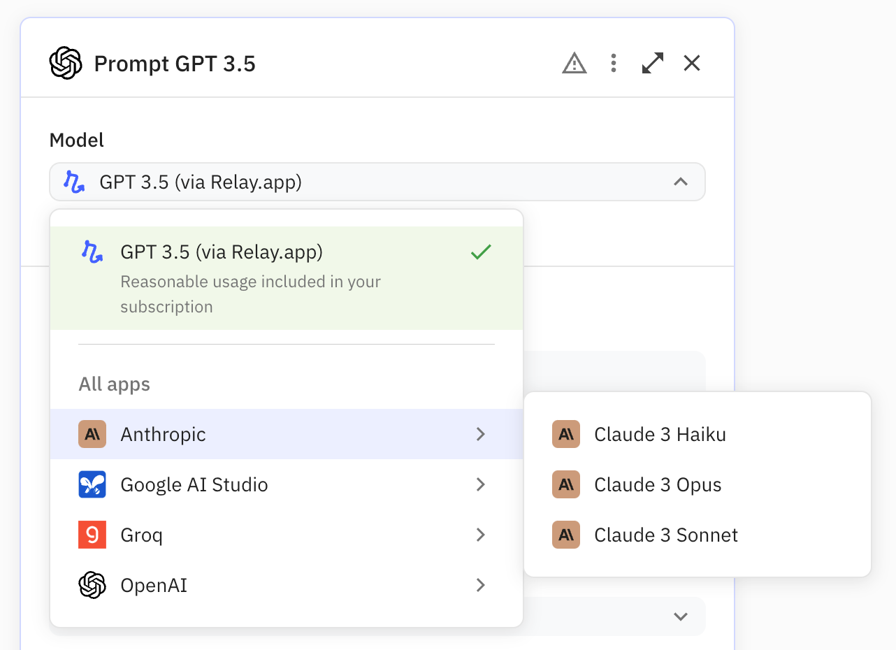 Use popular models from OpenAI, Google, Anthropic and Groq in the new Custom Prompt AI step in Relay.app