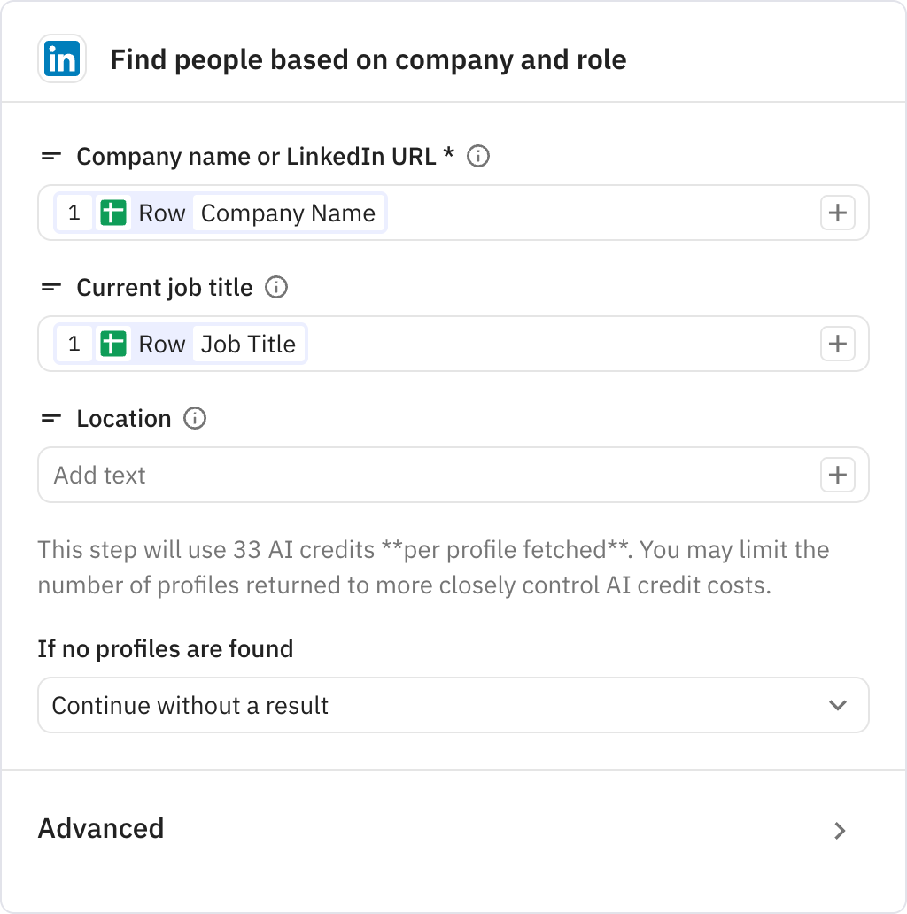 Relay.app screenshot of: Find people based on company and role